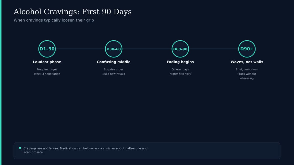 Ninety-day calendar with craving wave patterns fading over time on a dark navy background with teal accents