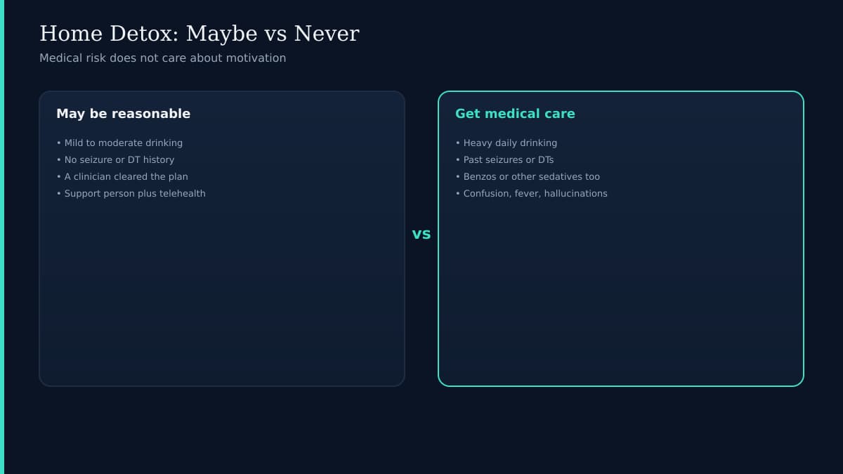 Home versus hospital paths for alcohol detox illustrated as two routes on a dark navy background with teal accents