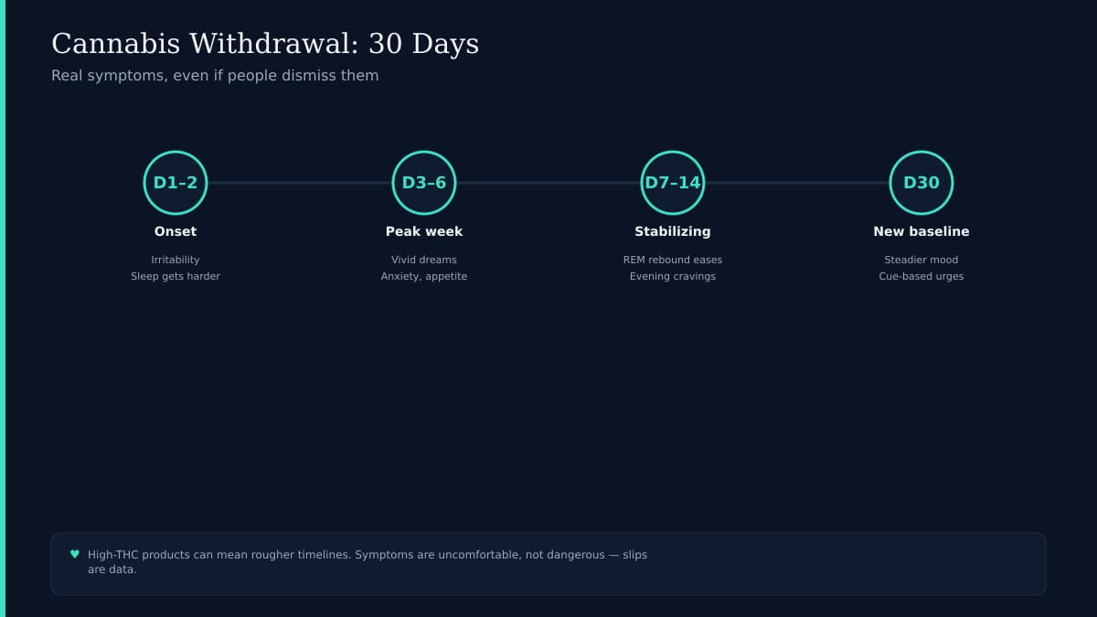 Thirty-day cannabis withdrawal timeline with sleep and mood markers on dark navy background with teal accents