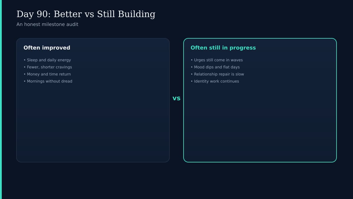 Calendar highlighting day 90 with upward stability trend on dark navy background with teal accent