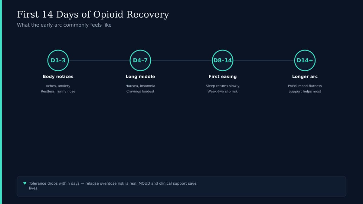 Teal calendar grid highlighting days 1 through 14 of opioid recovery with gentle wave pattern on navy background
