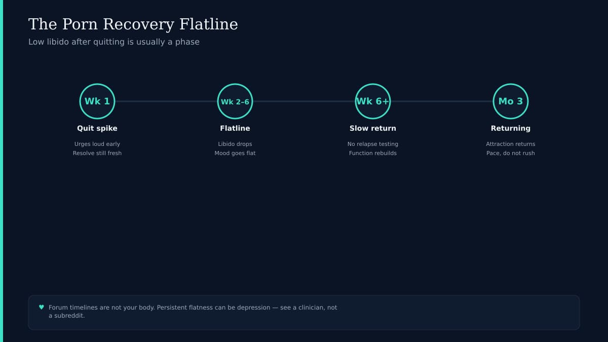 Flat teal line on chart with gradual upward curve afterward symbolizing libido and mood recovery on navy background