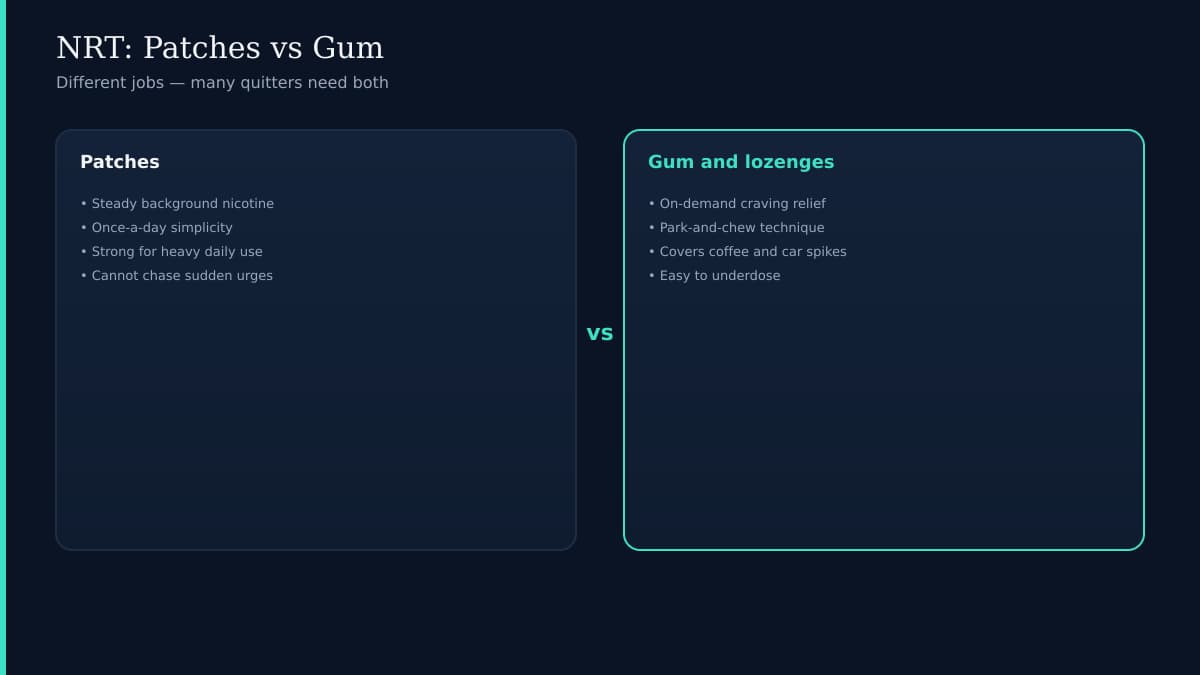 Comparison of nicotine patch and gum quit aids on dark navy background with teal accent icons