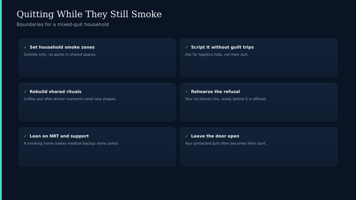 Two figures on a balcony with one holding a cigarette and one breathing freely, teal and navy minimal illustration
