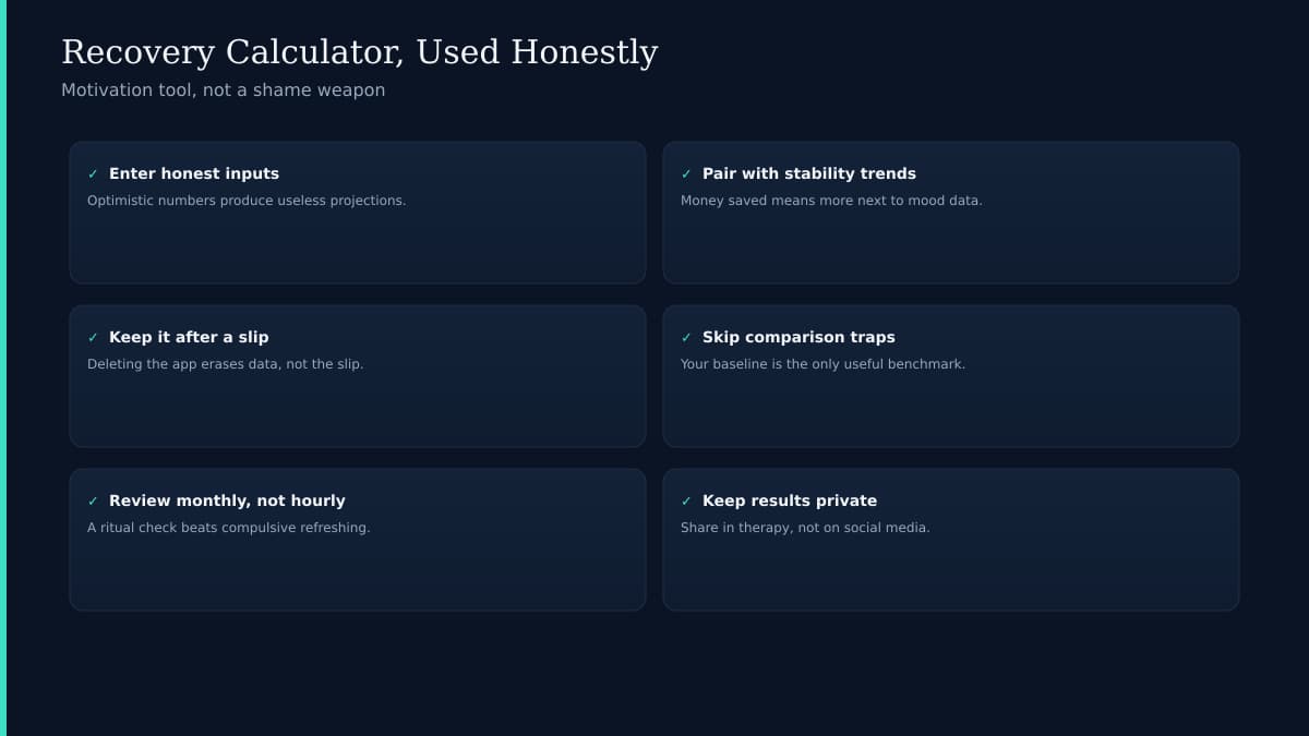 Recovery calculator interface showing health and time estimates on a phone screen