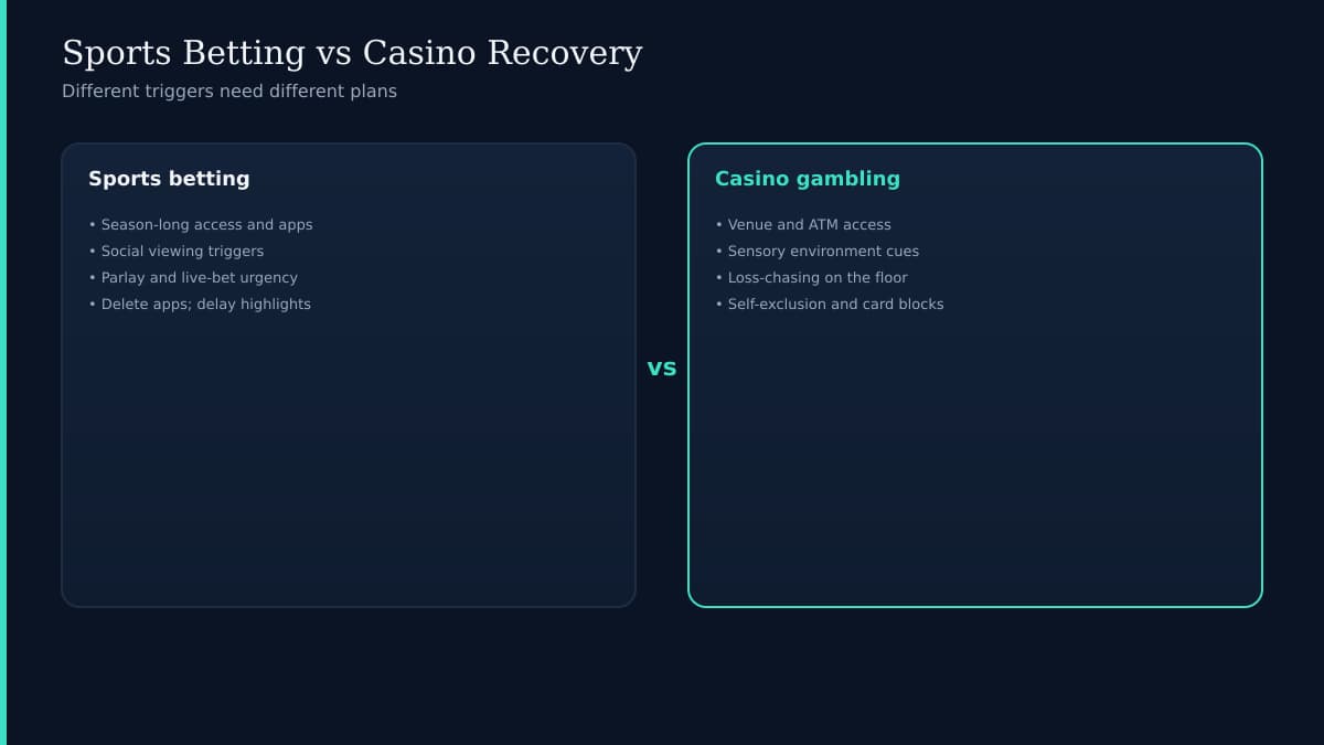 Split illustration of sports odds screen and casino chips with teal recovery boundary line on navy background