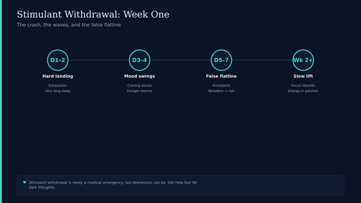Seven-day stimulant withdrawal timeline showing crash and recovery phases on dark navy with teal accent markers