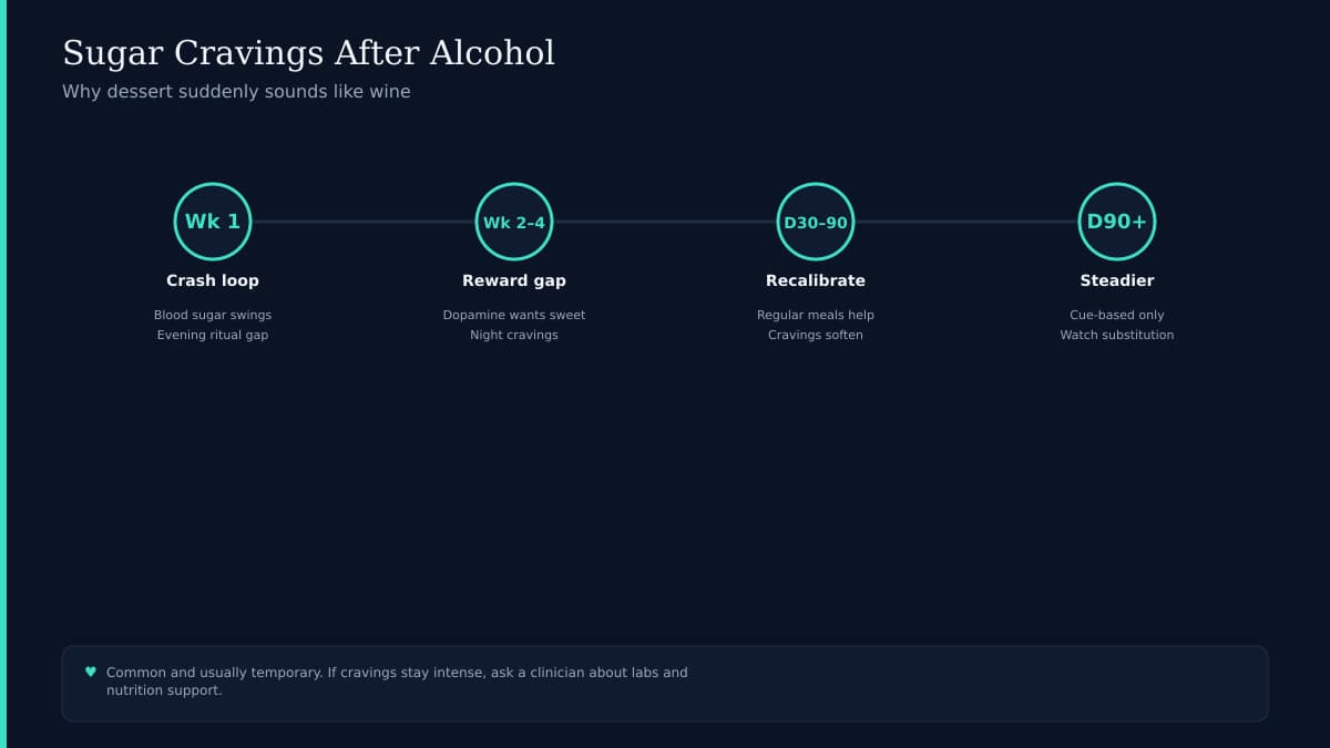Wine glass fading into teal candy and donut icons with upward craving arrow on navy background