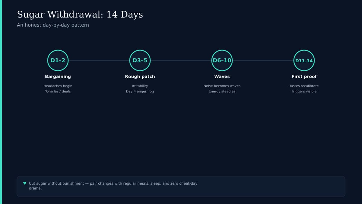 Fourteen-day timeline with teal markers showing sugar craving intensity decreasing on navy background