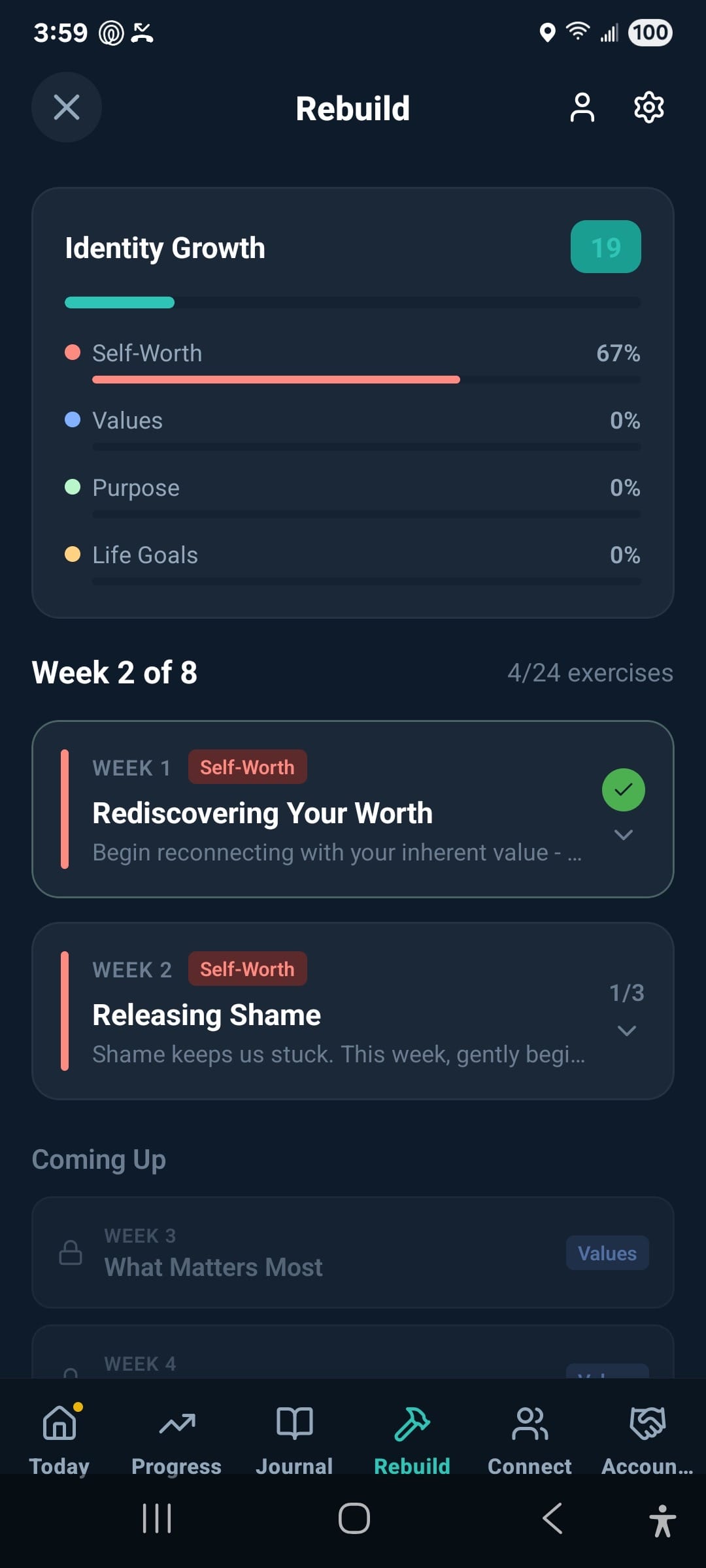 Rebuild workbook showing Identity Growth modules and weekly exercises