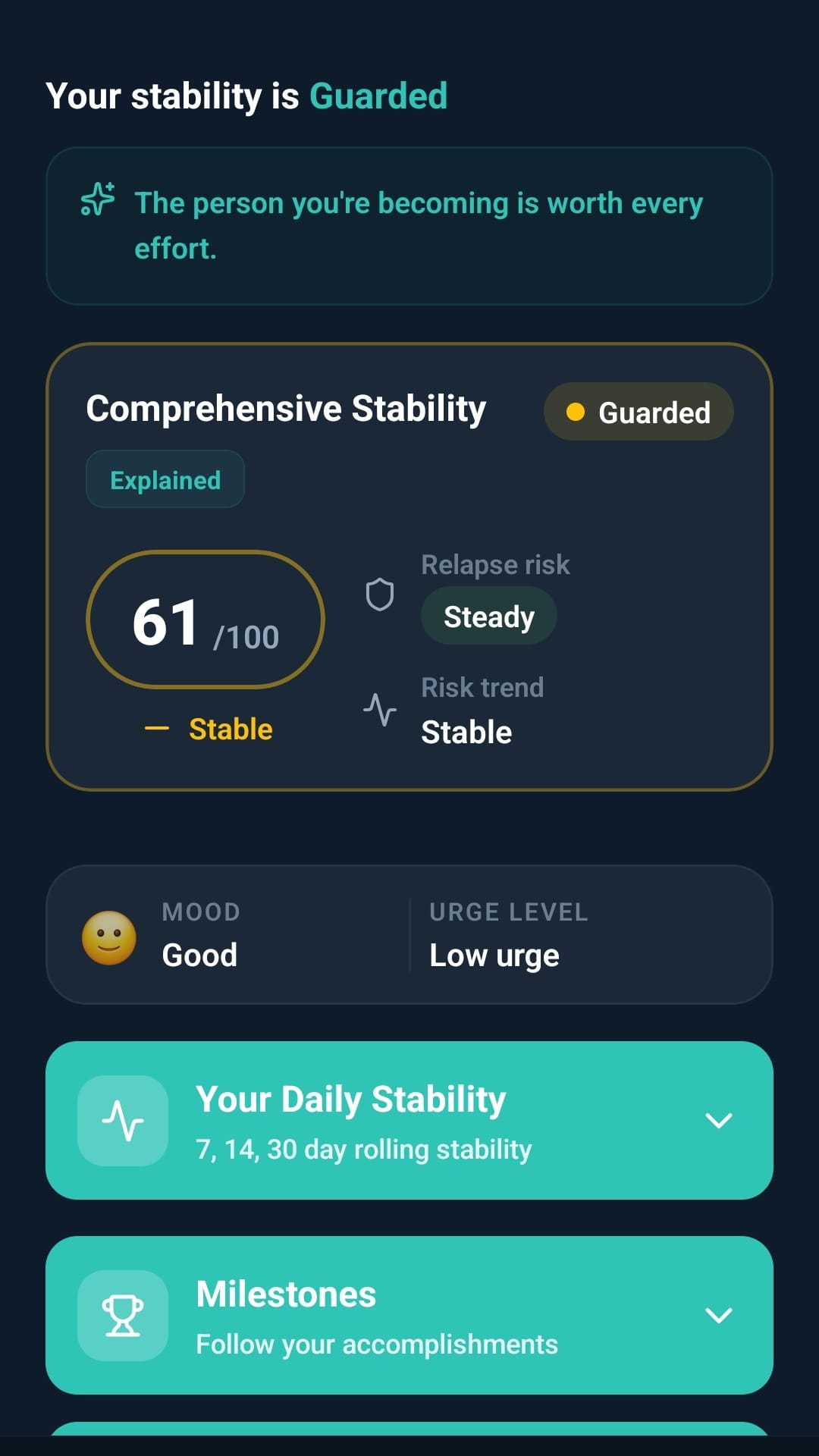 Progress screen showing comprehensive stability score of 61 out of 100