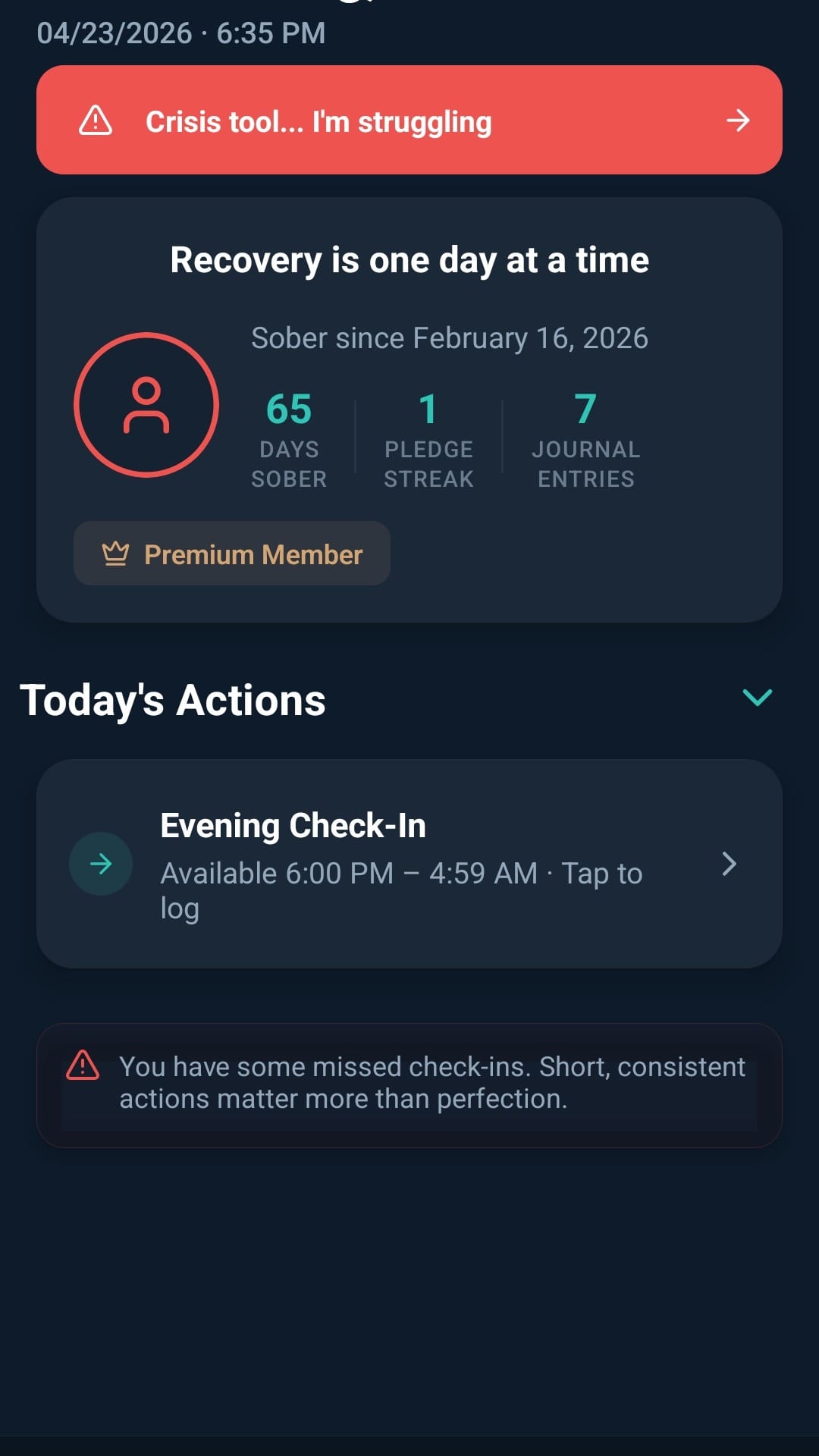 Today screen showing daily greeting, sobriety count, and actions